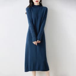 100% Pure Wool Dress Women's Autumn And Winter New Semi-High Collar Long Sleeve Slim Hem Cashmere Sweater Knit Long Skirt