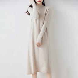 100% Pure Wool Dress Women's Autumn And Winter New Semi-High Collar Long Sleeve Slim Hem Cashmere Sweater Knit Long Skirt