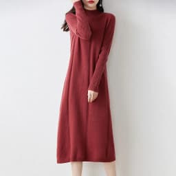 100% Pure Wool Dress Women's Autumn And Winter New Semi-High Collar Long Sleeve Slim Hem Cashmere Sweater Knit Long Skirt