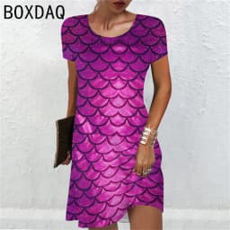 3D Colorful Fish Scales Print Dress Oversized Women Short Sleeve Casual Dress Female Loose A-Line Mini Dress Vestidos De Mujer