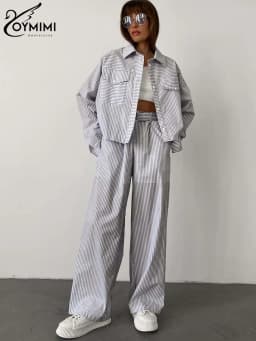 Oymimi Elegant Blue Print Striped Sets For Women 2 Pieces Fashion Lapel Long Sleeve Pockets Shirts And Straight Pants Female Set