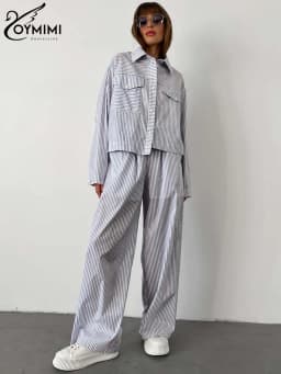 Oymimi Elegant Blue Print Striped Sets For Women 2 Pieces Fashion Lapel Long Sleeve Pockets Shirts And Straight Pants Female Set