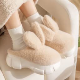 8 cm High Platform Furry Slippers Women's Winter Fluffy Ear Home Shoes Woman White Bunny Rabbit Slippers Woman House Clog Shoes