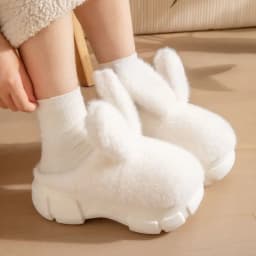 8 cm High Platform Furry Slippers Women's Winter Fluffy Ear Home Shoes Woman White Bunny Rabbit Slippers Woman House Clog Shoes