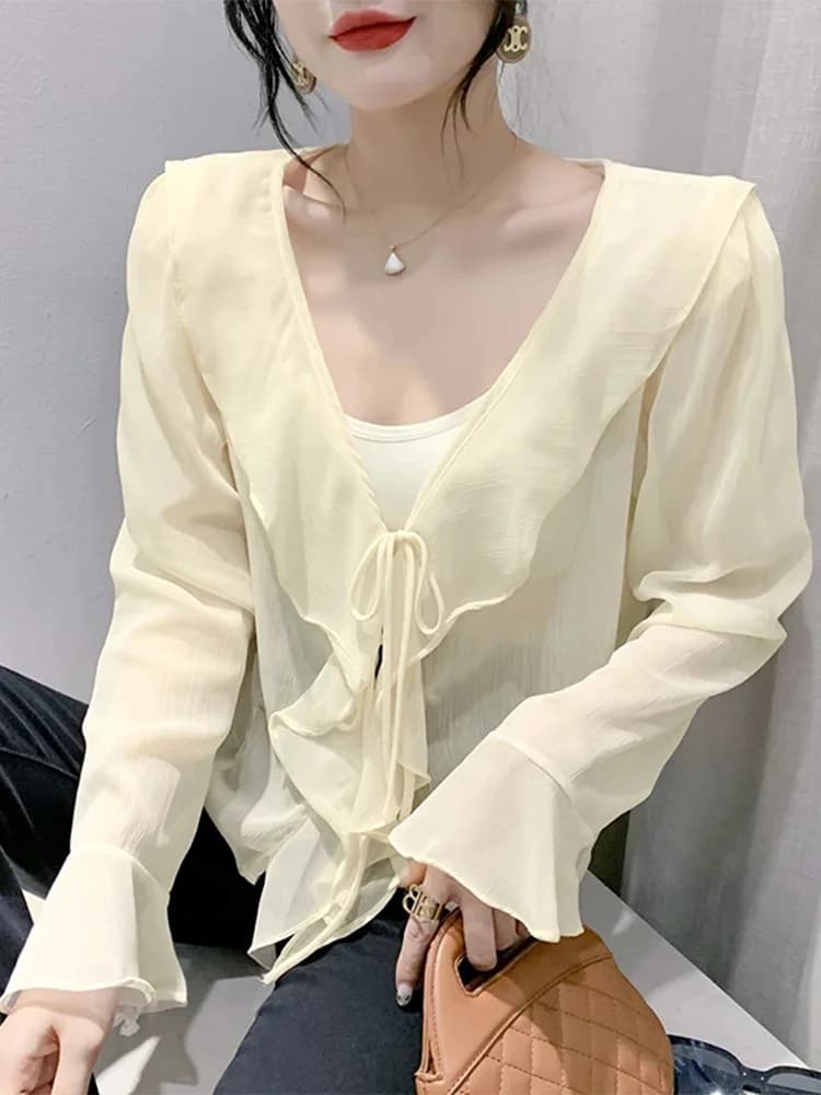 Winsleter Streetwear Clothes Chiffon Blouses Short Sleeve Shirts Ladies Sexy Ruffle V Necks Slim Thin Tops New T36918JM