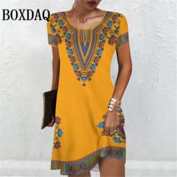 Women'S Short Sleeve Dresses Summer Women Clothing Vintage Flower Print Fashion A-Line Dress Casual Lady Loose Plus Size Dresses