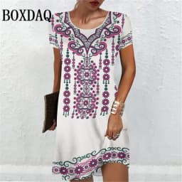 Women'S Short Sleeve Dresses Summer Women Clothing Vintage Flower Print Fashion A-Line Dress Casual Lady Loose Plus Size Dresses