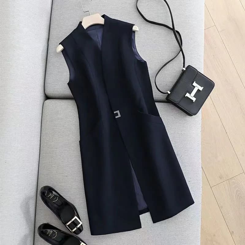 2024 Women's Casual Black Vest Women Clothing Spring Autumn Sleeveless Blazer Jacket Medium And Long Slim Female Waistcoat
