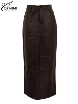 Oymimi Vintage Brown Pu Leather Skirts For Woman Elegant High Waisted Straight Skirts Casual Simple Ankle-Length Skirt Female