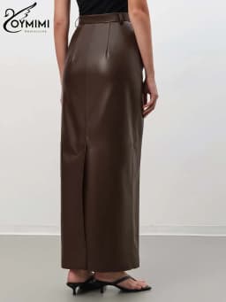 Oymimi Vintage Brown Pu Leather Skirts For Woman Elegant High Waisted Straight Skirts Casual Simple Ankle-Length Skirt Female