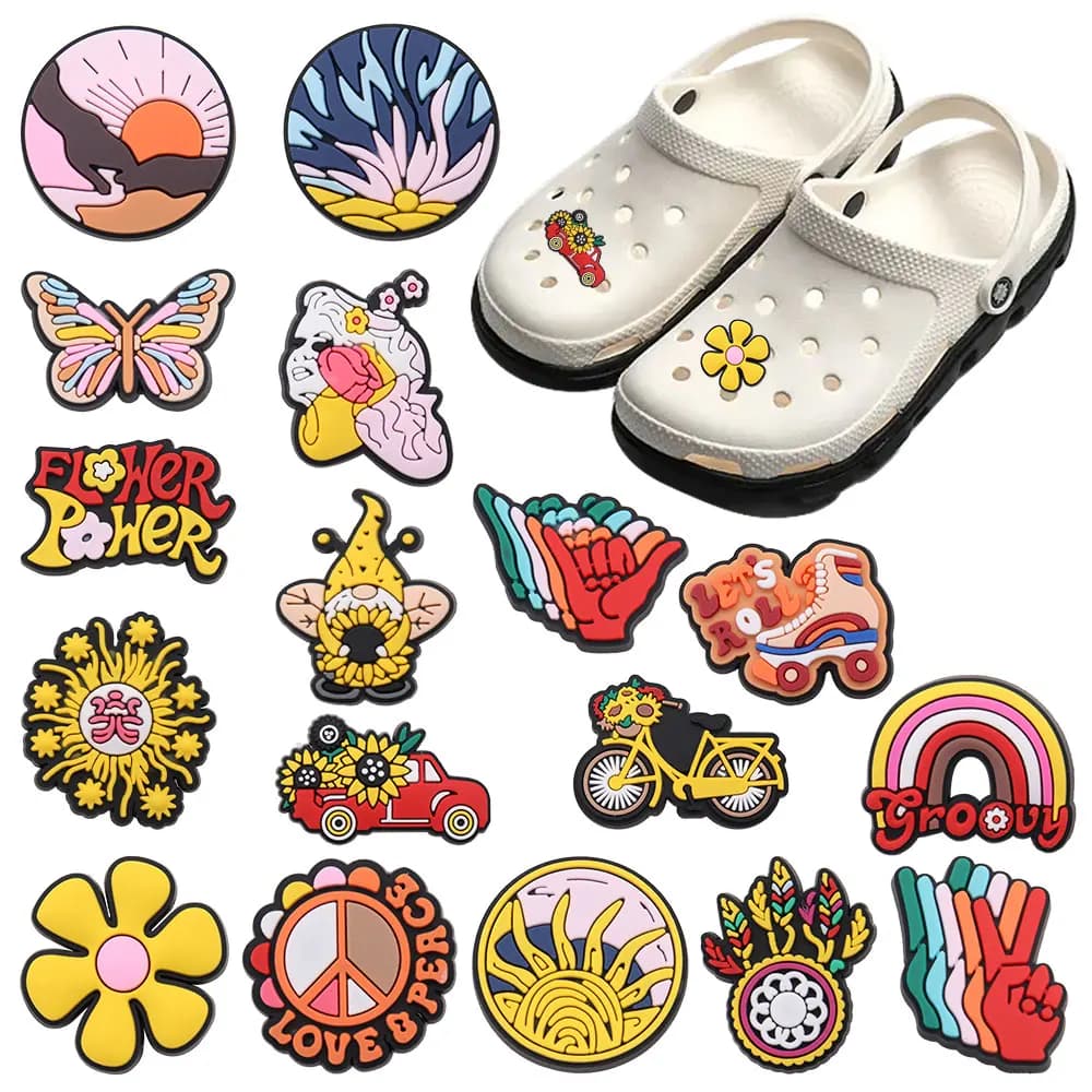 Good Quality 1-17pcs PVC Shoe Charms Sunflower Flowers Sunset Bicycle PVC Accessories Sandals Ornaments For Children DIY Present