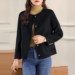 Autumn And Winter New Round Neck Double-Sided Wool Cashmere Coat Short Wool Coat With Wool Coat Pocket Woman