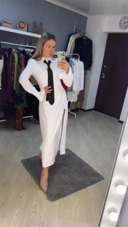 Clacive Fashion Slim White Office Dress Casual Lapel Long Sleeve Ankle Length Dress Elegant Classic Slit Dresses For Women 2024