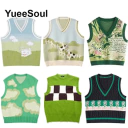 Green Knit Vest Printed Sleeveless Pullover Oversized Women Sweater Vest 2026 New Y2K Vintage Knitwear Women's Autumn Clothing