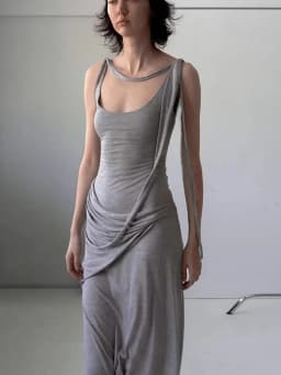 Grey Large U-Neck Pure Cotton Dress For Women, Casual And Comfortable, With Irregular Waistband And Slimming Long Skirt