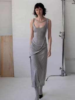 Grey Large U-Neck Pure Cotton Dress For Women, Casual And Comfortable, With Irregular Waistband And Slimming Long Skirt