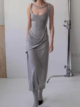 Grey Large U-Neck Pure Cotton Dress For Women, Casual And Comfortable, With Irregular Waistband And Slimming Long Skirt