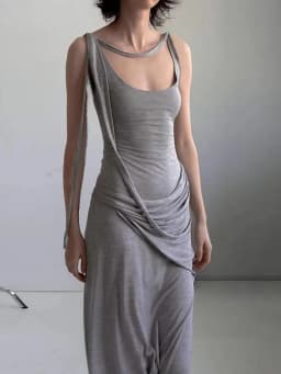 Grey Large U-Neck Pure Cotton Dress For Women, Casual And Comfortable, With Irregular Waistband And Slimming Long Skirt
