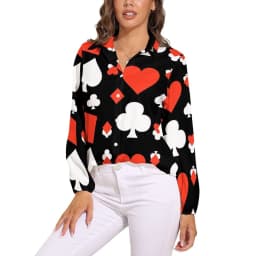 Poker Cards Print Blouse Female Card Suits Casual Loose Blouses Long-Sleeve Modern Shirt Printed Clothing Large Size