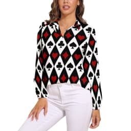 Poker Cards Print Blouse Female Card Suits Casual Loose Blouses Long-Sleeve Modern Shirt Printed Clothing Large Size