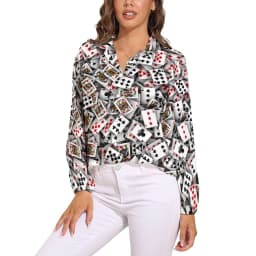 Poker Cards Print Blouse Female Card Suits Casual Loose Blouses Long-Sleeve Modern Shirt Printed Clothing Large Size