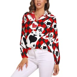 Poker Cards Print Blouse Female Card Suits Casual Loose Blouses Long-Sleeve Modern Shirt Printed Clothing Large Size
