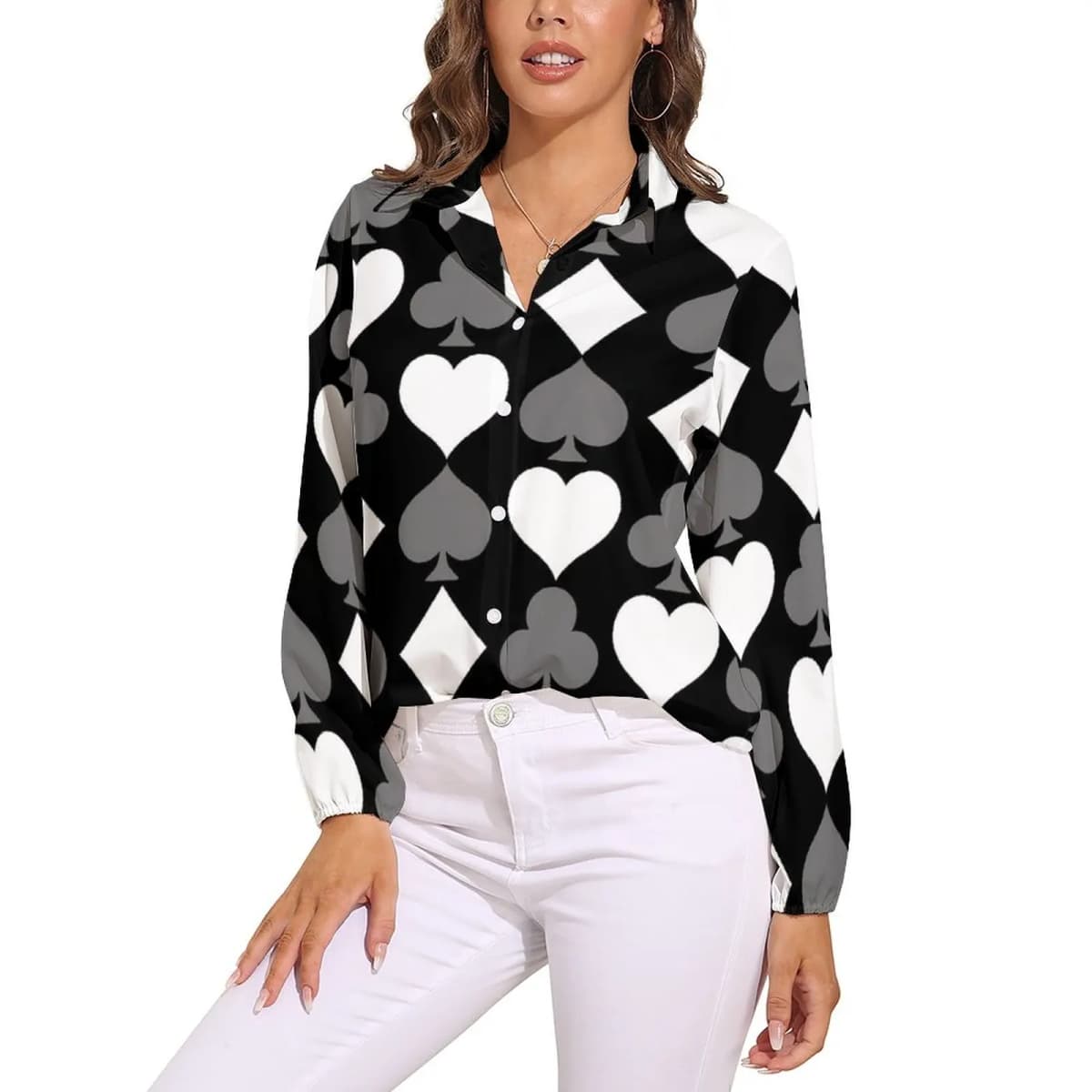 Poker Cards Print Blouse Female Card Suits Casual Loose Blouses Long-Sleeve Modern Shirt Printed Clothing Large Size