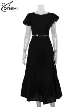 Oymimi Fashion White 2 Piece Sets Women Outfit Elegant O-Neck Ruffled Asymmetrical Crop Tops And High Waist Loose Skirts Sets