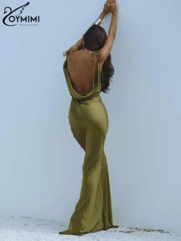 Oymimi Summer Green Slim Women's Dress Elegant Spaghetti Strap Open Back Dresses Casual Straight Floor-Length Dresses Streetwear