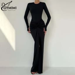 Oymimi Elegant Black O-Neck Dresses For Women Fashion New Slim Long Sleeve Solid Dresses Casual Slit Ankle-Length Skirts Sets
