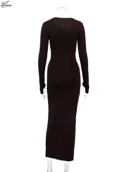 Oymimi Elegant Black O-Neck Dresses For Women Fashion New Slim Long Sleeve Solid Dresses Casual Slit Ankle-Length Skirts Sets