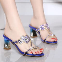 New Fashion Comfort Open Toe Women Summer Sandals Crystal Thick High Heel Rhinestone Slippers Casual Beach Soft Shoes