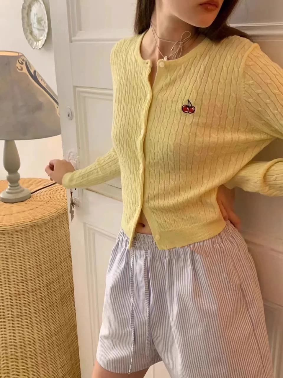 2024 new European station cherry embroidery 100% cashmere cardigan women's crewneck long sleeve wool knit sweater coat top