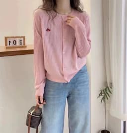 2024 new European station cherry embroidery 100% cashmere cardigan women's crewneck long sleeve wool knit sweater coat top
