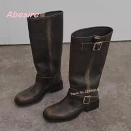 Retro Vintage Distressed Brushed Square Toe Knight Boots for Women Winter Chunky Heels Knee High Women's Boots Buckle Casual
