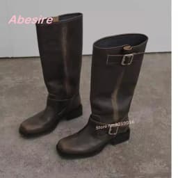 Retro Vintage Distressed Brushed Square Toe Knight Boots for Women Winter Chunky Heels Knee High Women's Boots Buckle Casual