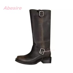 Retro Vintage Distressed Brushed Square Toe Knight Boots for Women Winter Chunky Heels Knee High Women's Boots Buckle Casual