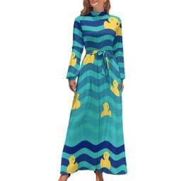 Rubber Ducks Print Dress Long-Sleeve Kawaii Animal Trendy Maxi Dress High Waist Korean Fashion Boho Beach Long Dresses Gift Idea