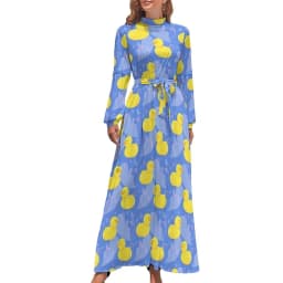 Rubber Ducks Print Dress Long-Sleeve Kawaii Animal Trendy Maxi Dress High Waist Korean Fashion Boho Beach Long Dresses Gift Idea