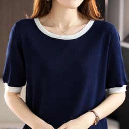 Summer New Ice Silk T-Shirt Female Loose Round Neck Color Matching Short Sleeve Joker Slim Knitted Cotton And Linen Half Sleeve