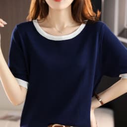 Summer New Ice Silk T-Shirt Female Loose Round Neck Color Matching Short Sleeve Joker Slim Knitted Cotton And Linen Half Sleeve