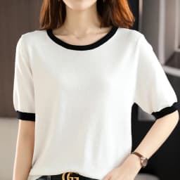 Summer New Ice Silk T-Shirt Female Loose Round Neck Color Matching Short Sleeve Joker Slim Knitted Cotton And Linen Half Sleeve