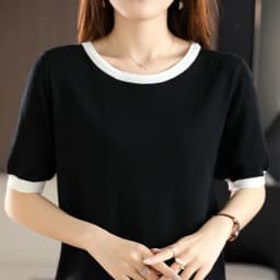 Summer New Ice Silk T-Shirt Female Loose Round Neck Color Matching Short Sleeve Joker Slim Knitted Cotton And Linen Half Sleeve