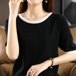 Summer New Ice Silk T-Shirt Female Loose Round Neck Color Matching Short Sleeve Joker Slim Knitted Cotton And Linen Half Sleeve