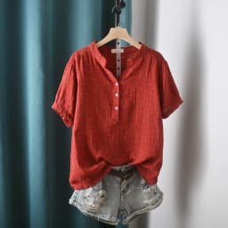 New Summer Cotton Yarn Short Sleeve Shirt V Neck Printed Tops Girl Casual Loose Versatile Commute Blouse 2024 Autumn T471135QC