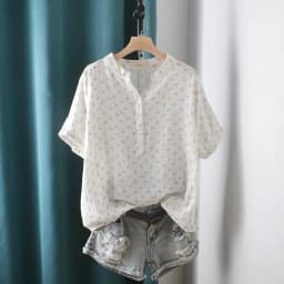 New Summer Cotton Yarn Short Sleeve Shirt V Neck Printed Tops Girl Casual Loose Versatile Commute Blouse 2024 Autumn T471135QC