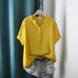 New Summer Cotton Yarn Short Sleeve Shirt V Neck Printed Tops Girl Casual Loose Versatile Commute Blouse 2024 Autumn T471135QC