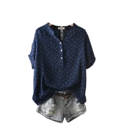 New Summer Cotton Yarn Short Sleeve Shirt V Neck Printed Tops Girl Casual Loose Versatile Commute Blouse 2024 Autumn T471135QC