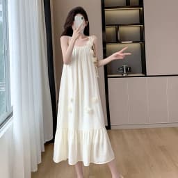 Summer Three-dimensional Flowers Embroidery Loose A-line Halter Dress Women Sleeveless Knee-length Beach Dresses Female