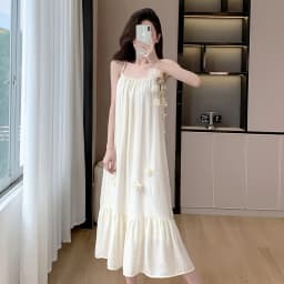 Summer Three-dimensional Flowers Embroidery Loose A-line Halter Dress Women Sleeveless Knee-length Beach Dresses Female